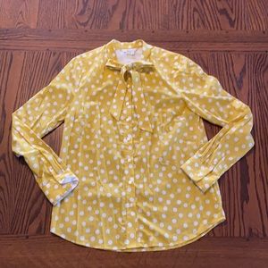 Boden sz 6 100% cotton mustard polka dot button down blouse with tie